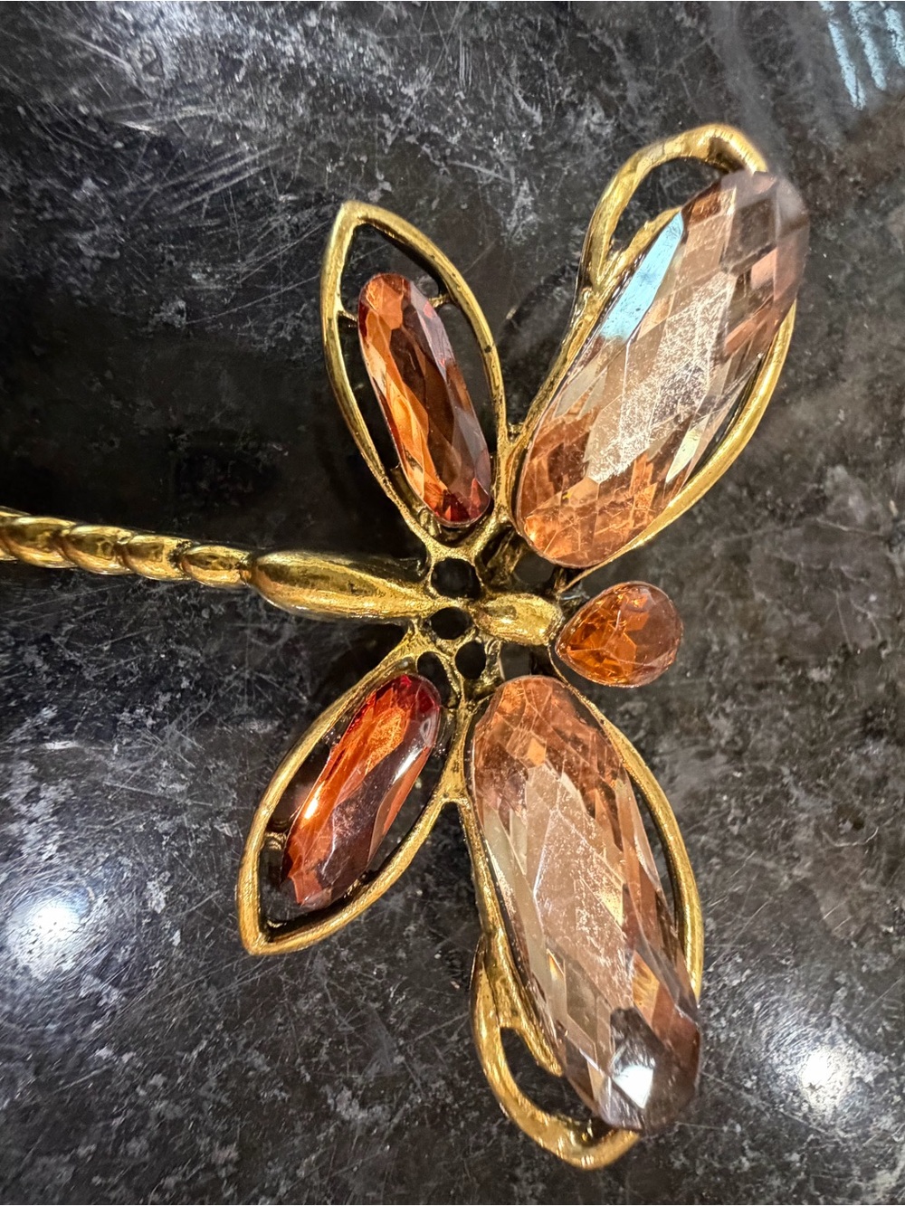 Gold Dragonfly Brooch with Amber Crystal Wings